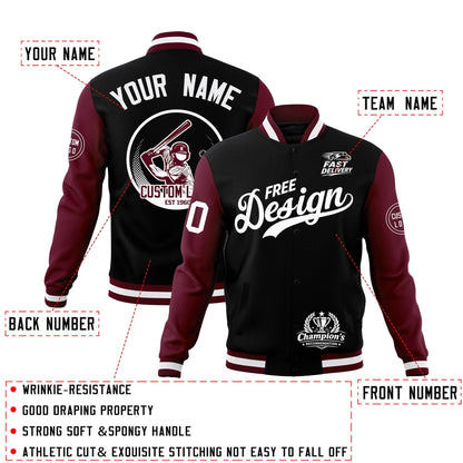 Custom Black Burgundy White Jacket Classic Style Full-Snap Club & Spirit Wear Breathable