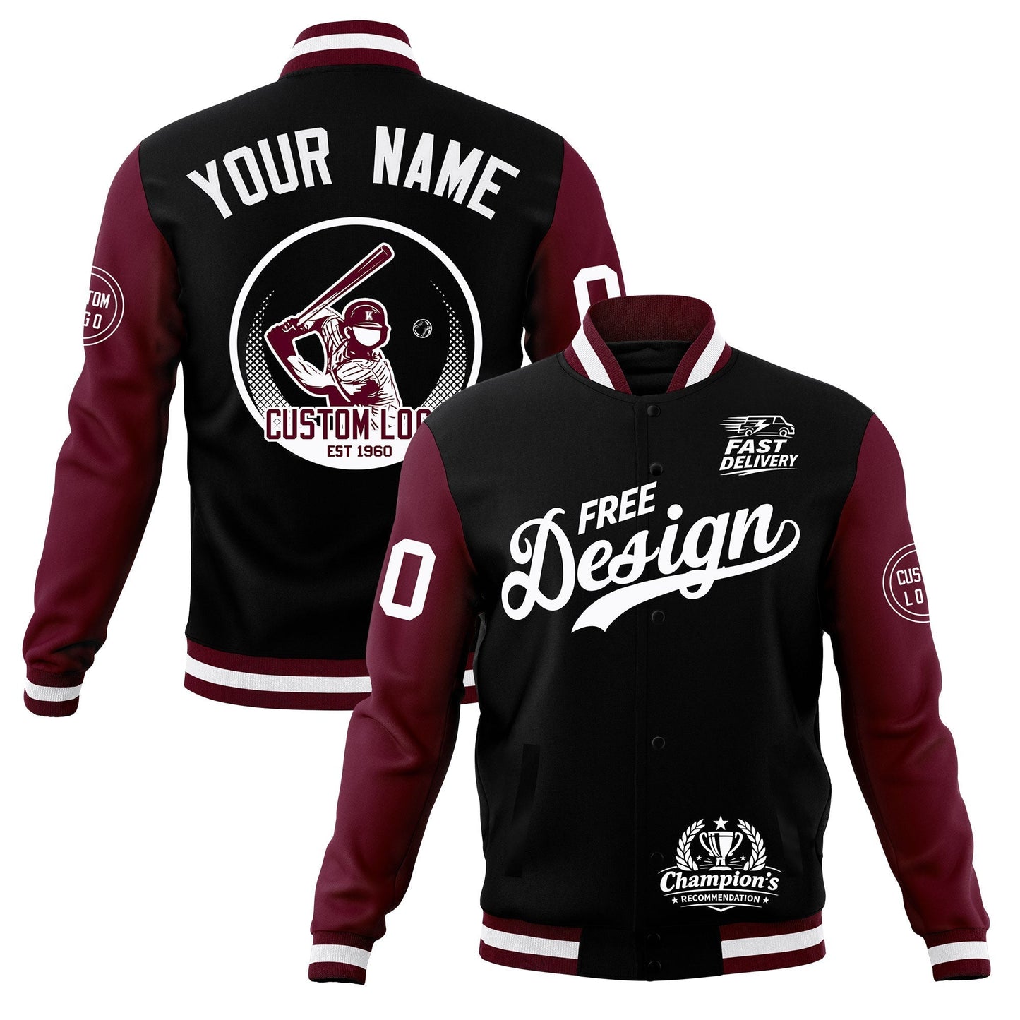 Custom Black Burgundy White Jacket Classic Style Full-Snap Club & Spirit Wear Breathable