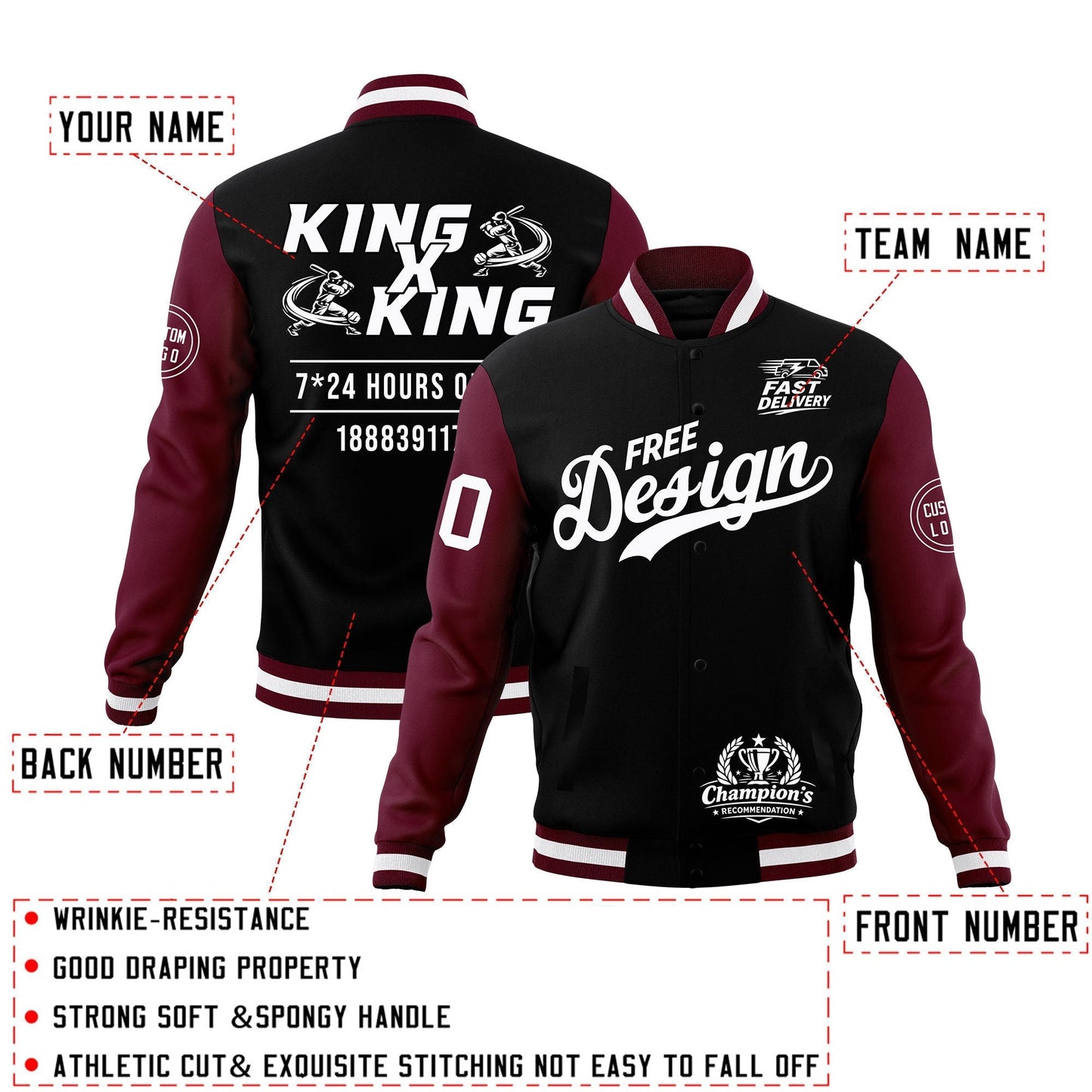 Custom Black Burgundy White Jacket Classic Style Full-Snap Club & Spirit Wear Wrinkle-Resistant