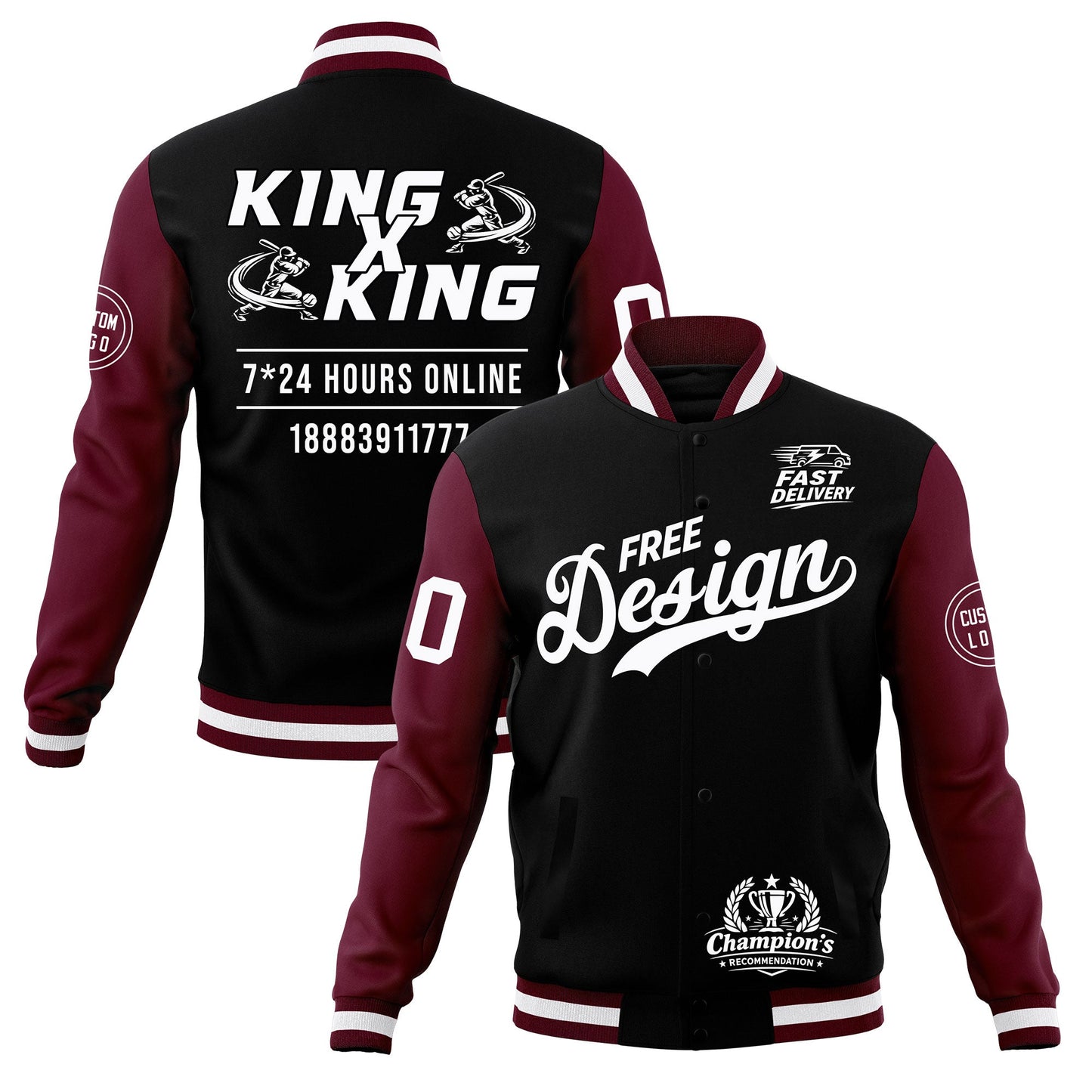 Custom Black Burgundy White Jacket Classic Style Full-Snap Club & Spirit Wear Wrinkle-Resistant