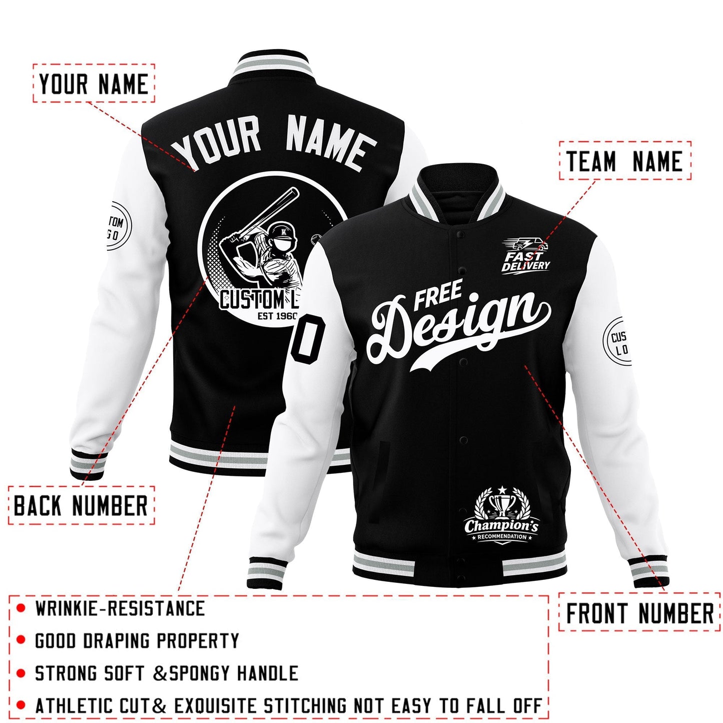 Custom Black White Gray Jacket Classic Style Full-Snap Club & Spirit Wear Breathable