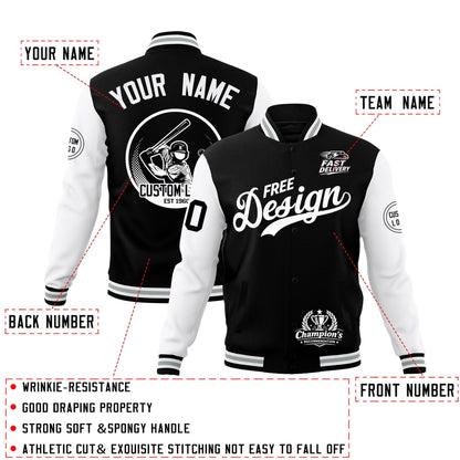 Custom Black White Gray Jacket Classic Style Full-Snap Club & Spirit Wear Breathable