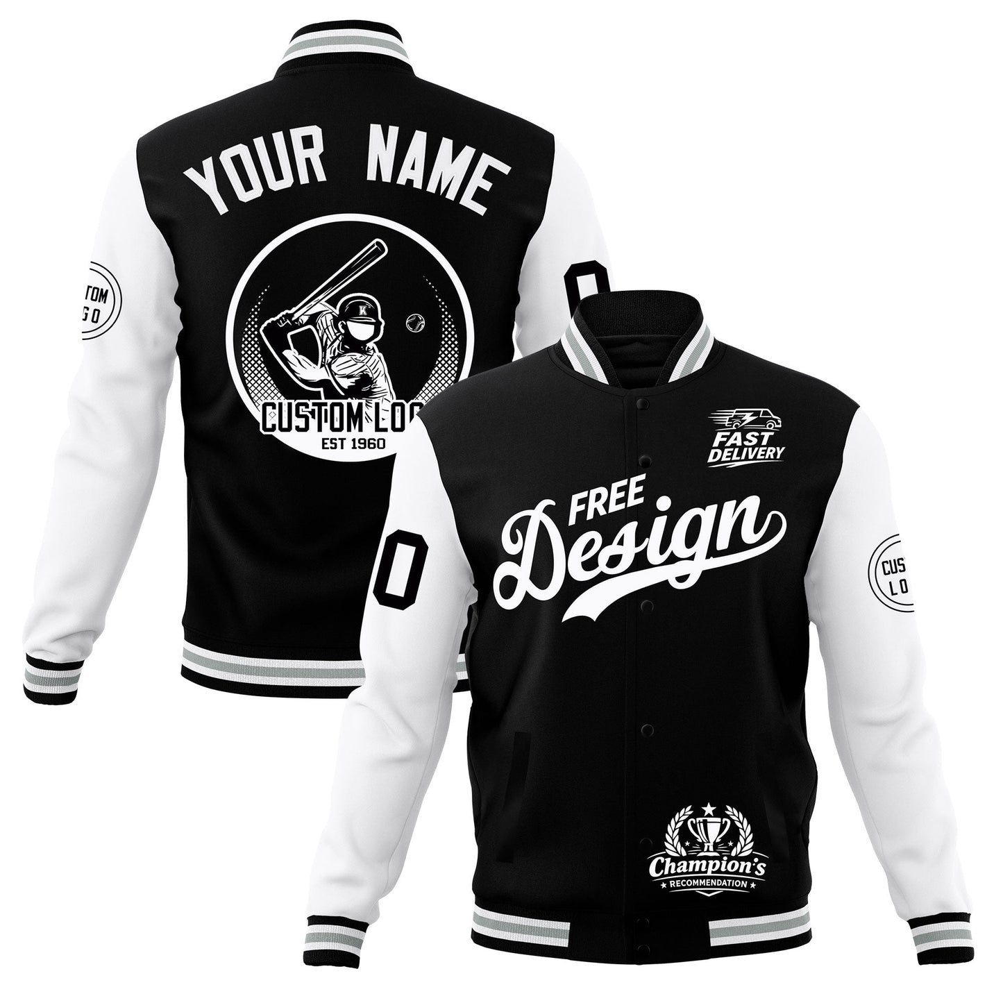 Custom Black White Gray Jacket Classic Style Full-Snap Club & Spirit Wear Breathable