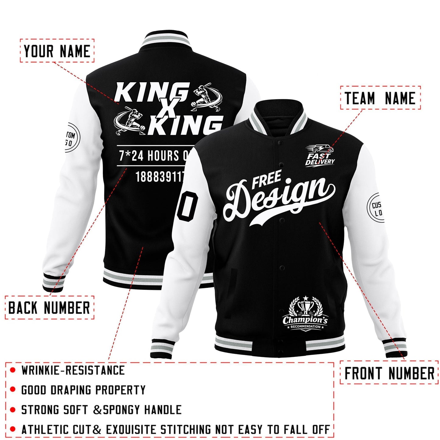 Custom Black White Gray Jacket Classic Style Full-Snap Club & Spirit Wear Wrinkle-Resistant