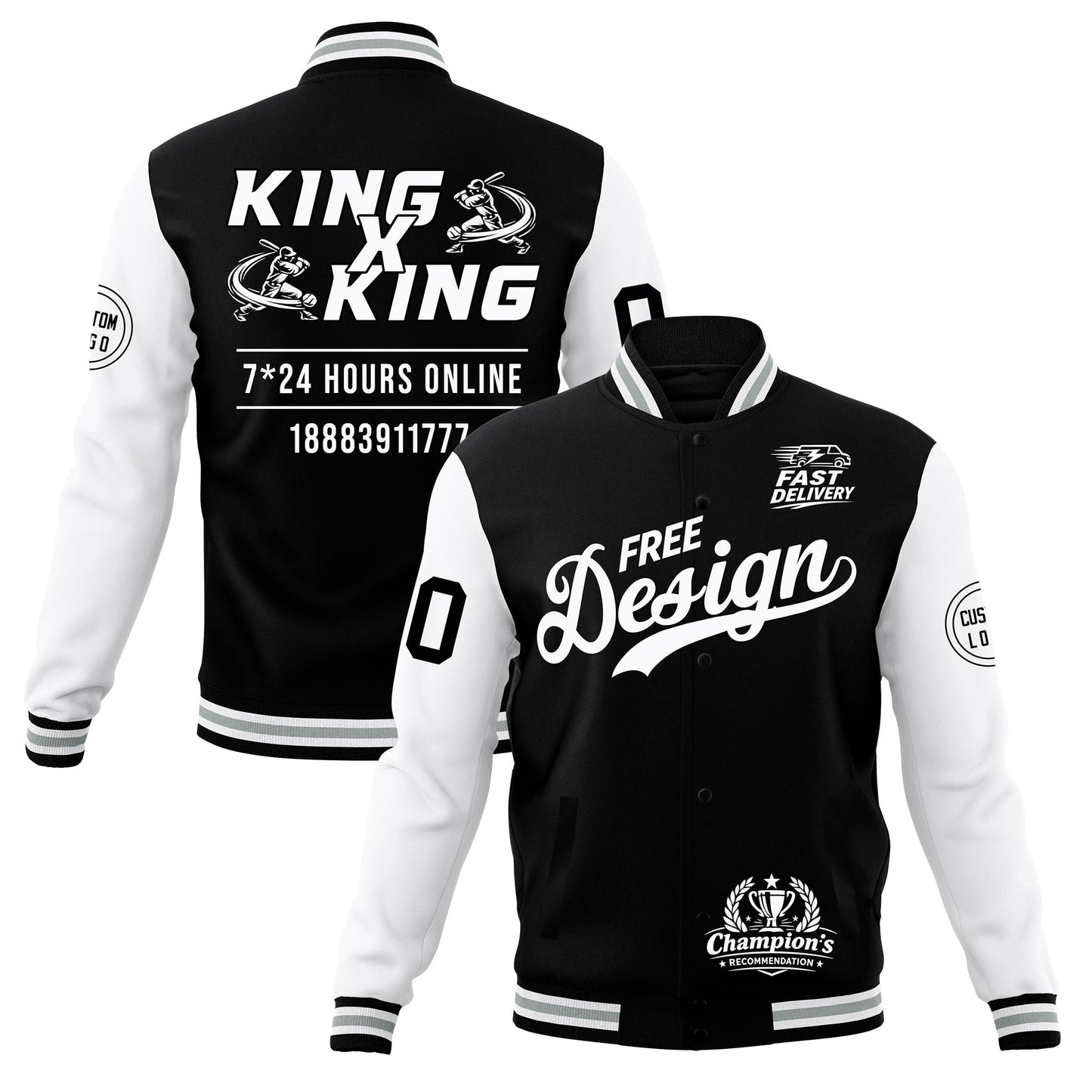Custom Black White Gray Jacket Classic Style Full-Snap Club & Spirit Wear Wrinkle-Resistant