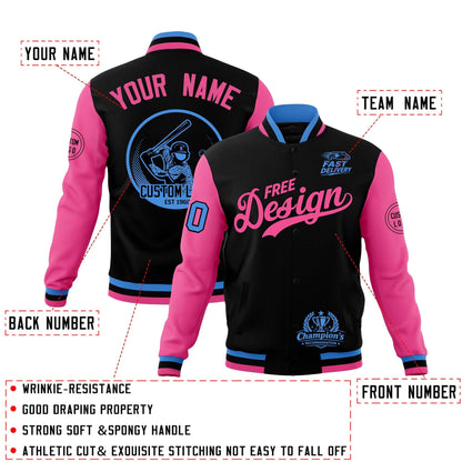 Custom Black Light Blue Pink Jacket Classic Style Full-Snap Club & Spirit Wear Breathable