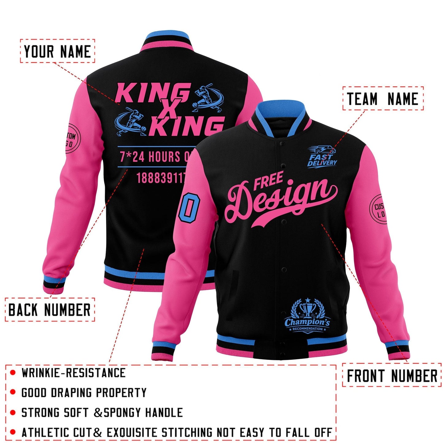 Custom Black Light Blue Pink Jacket Classic Style Full-Snap Club & Spirit Wear Wrinkle-Resistant