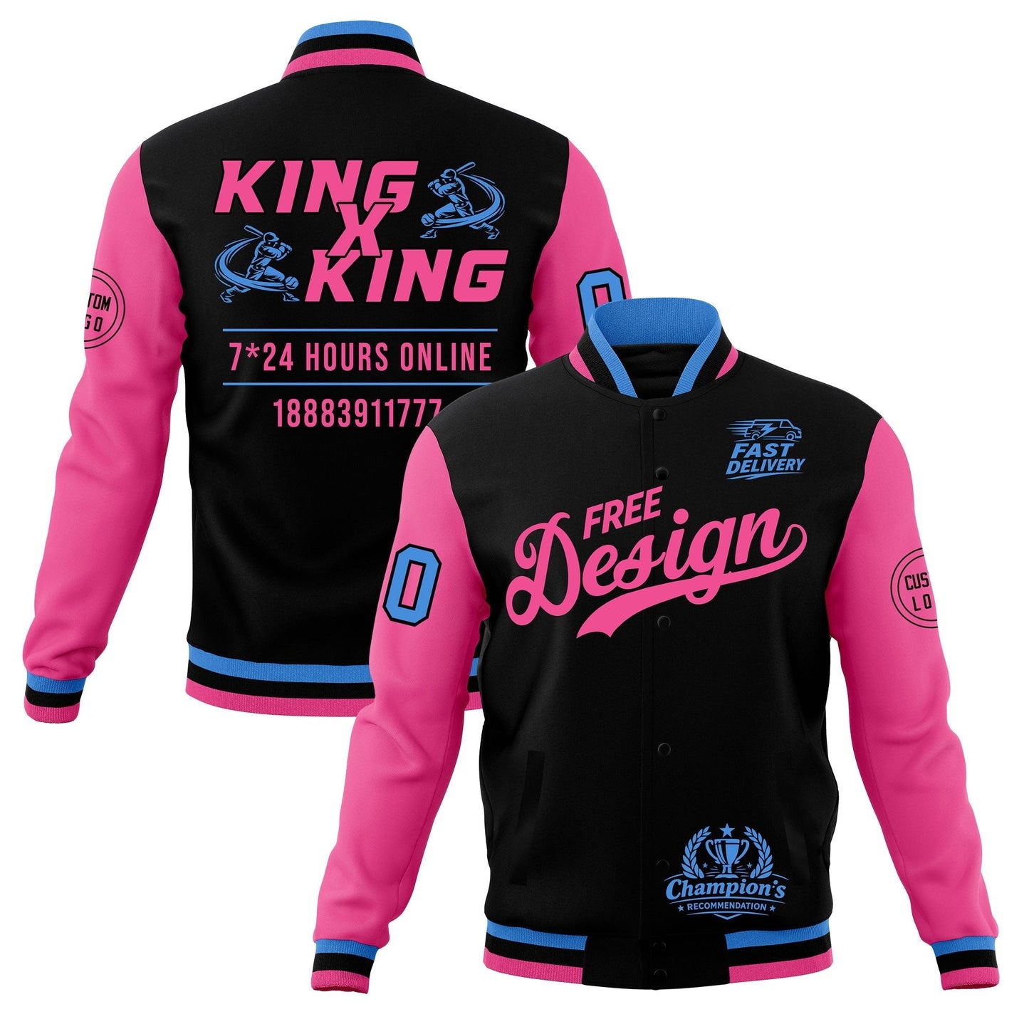 Custom Black Light Blue Pink Jacket Classic Style Full-Snap Club & Spirit Wear Wrinkle-Resistant