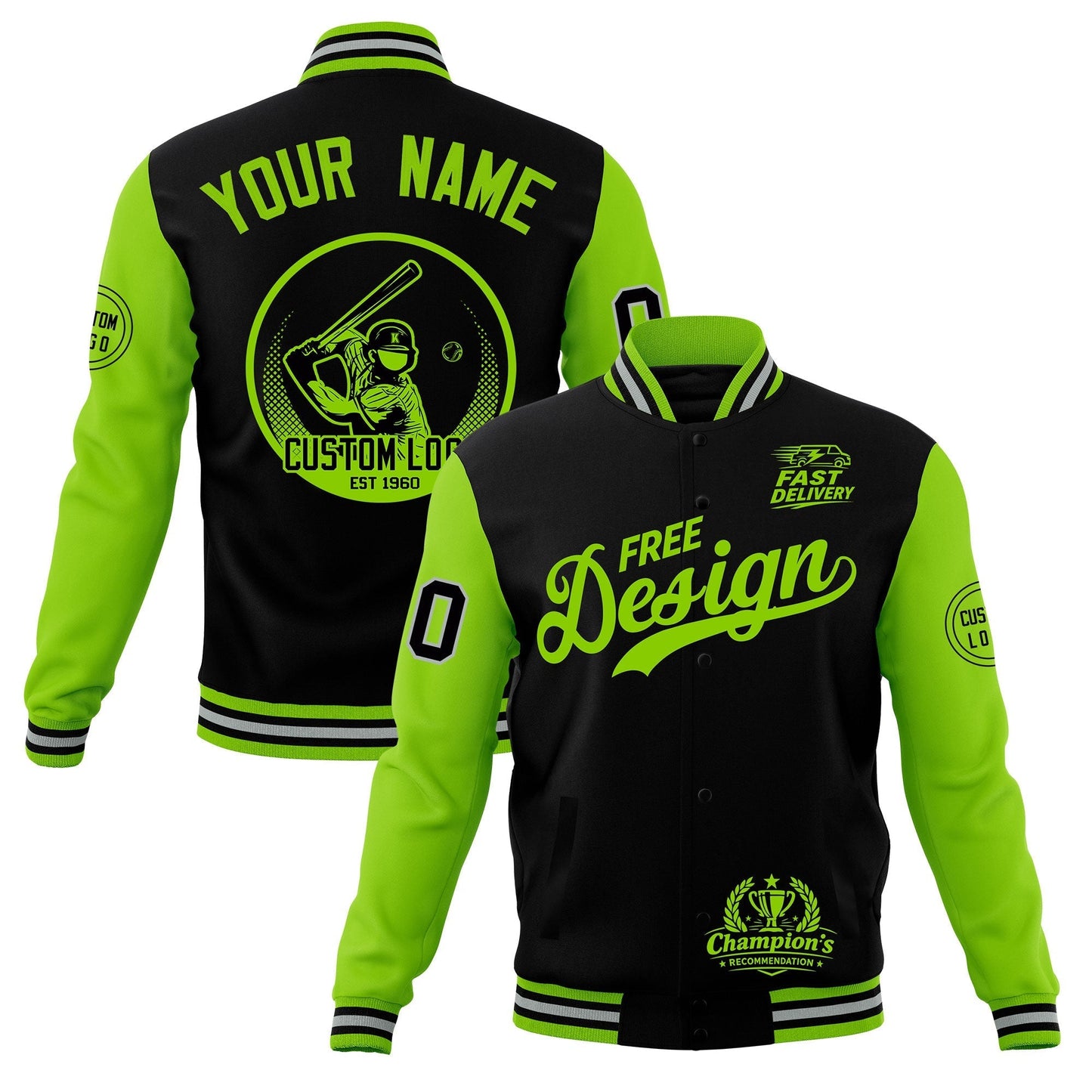 Custom Black Green Gray Jacket Classic Style Full-Snap Club & Spirit Wear Breathable