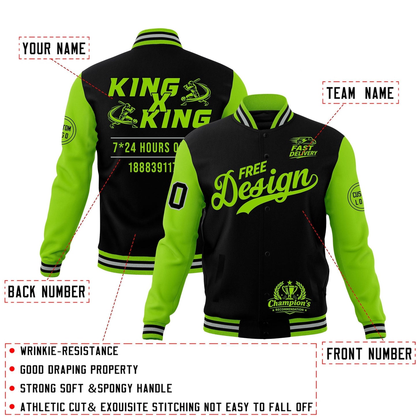 Custom Black Green Gray Jacket Classic Style Full-Snap Club & Spirit Wear Wrinkle-Resistant