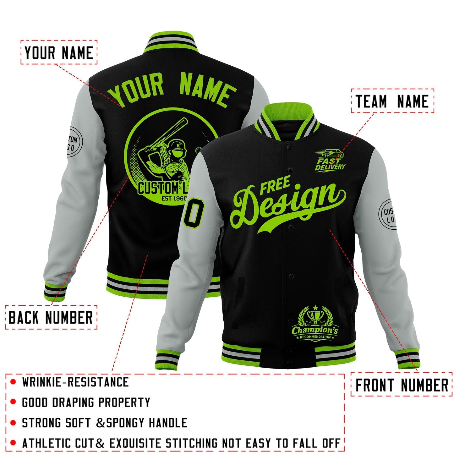 Custom Black Green Gray Jacket Classic Style Full-Snap Club & Spirit Wear Breathable