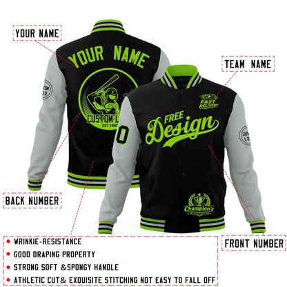 Custom Black Green Gray Jacket Classic Style Full-Snap Club & Spirit Wear Breathable