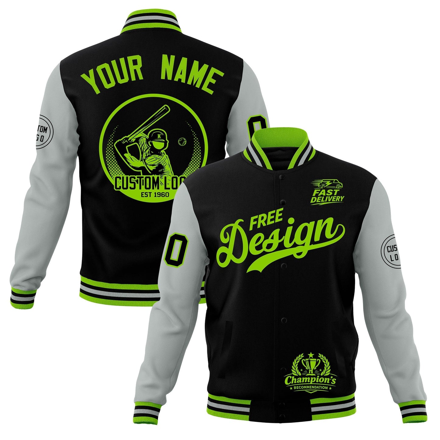 Custom Black Green Gray Jacket Classic Style Full-Snap Club & Spirit Wear Breathable