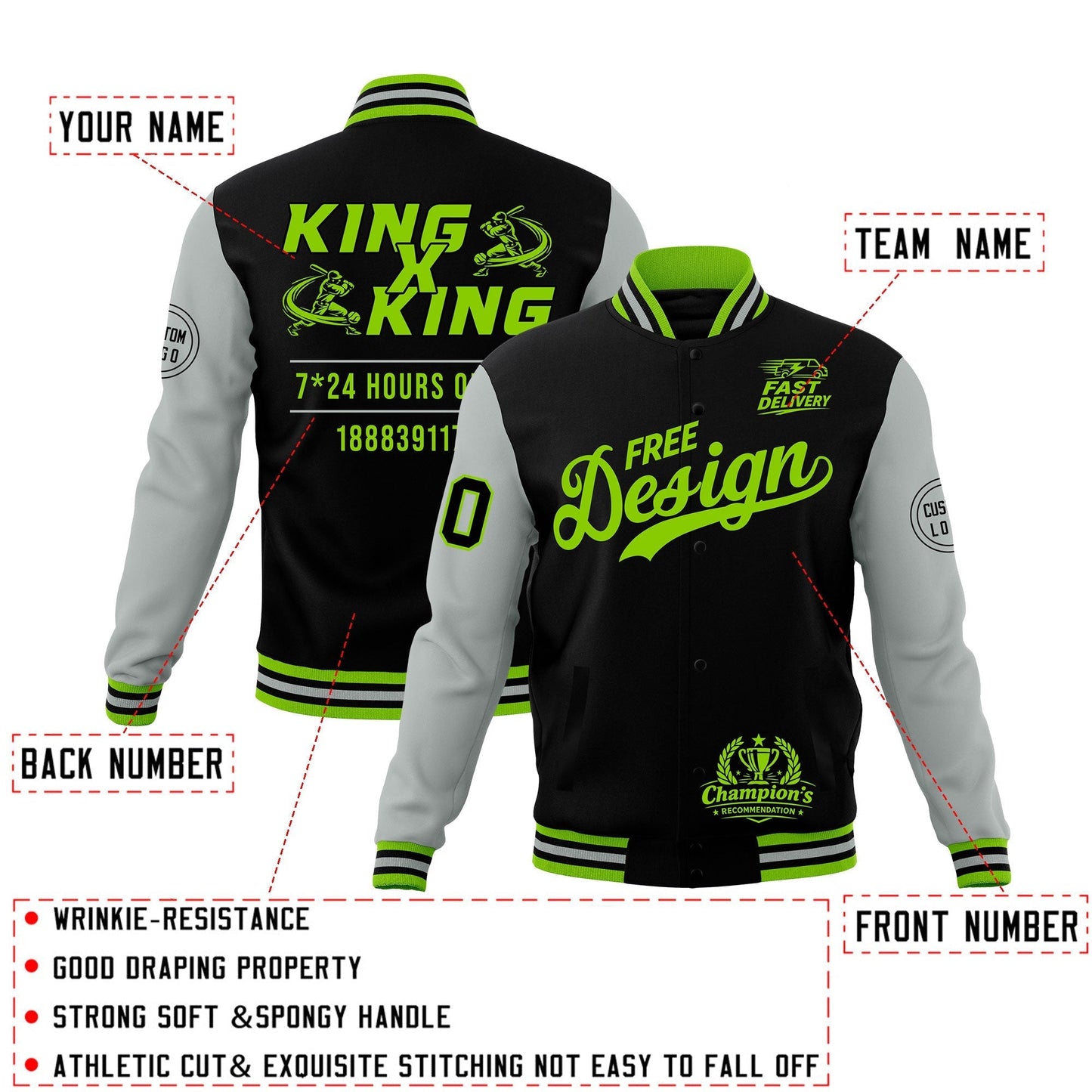 Custom Black Green Gray Jacket Classic Style Full-Snap Club & Spirit Wear Wrinkle-Resistant