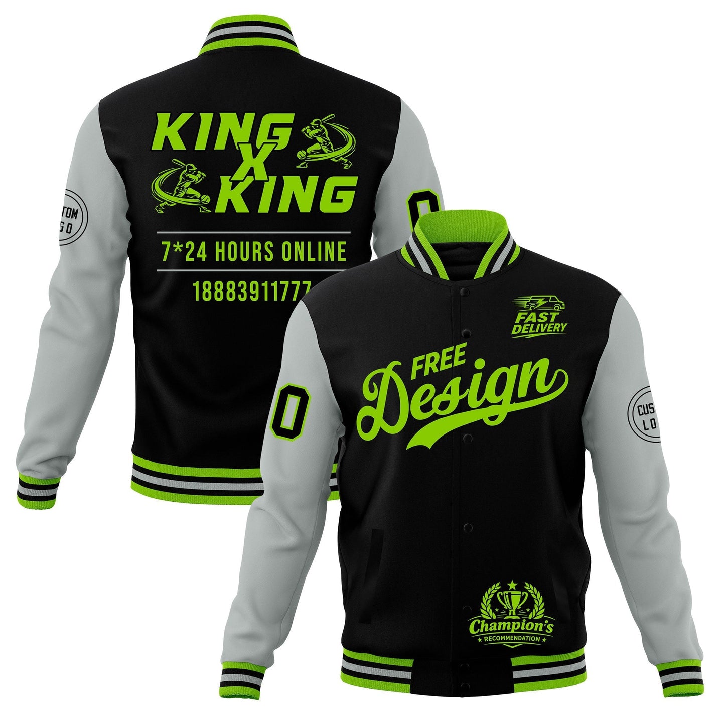 Custom Black Green Gray Jacket Classic Style Full-Snap Club & Spirit Wear Wrinkle-Resistant
