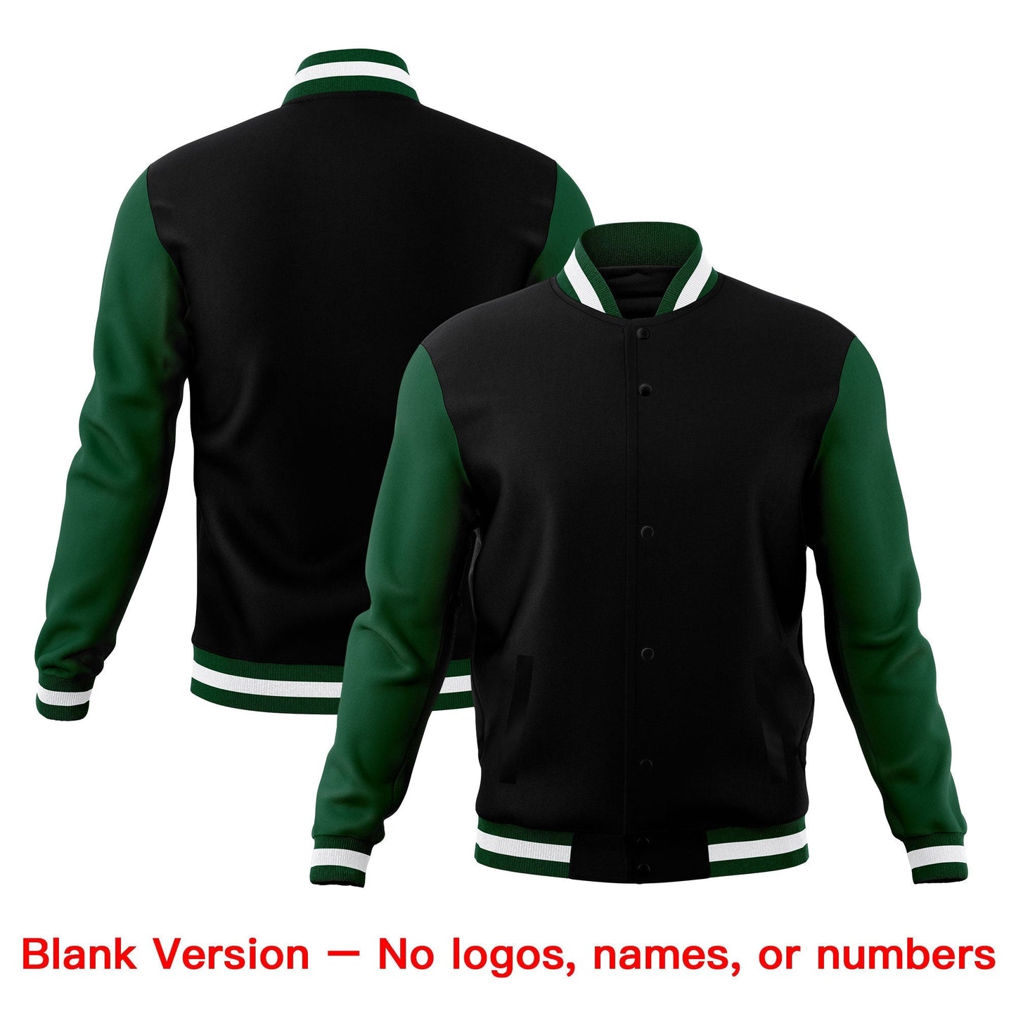 Custom Black Green White Jacket Classic Style Full-Snap Club & Spirit Wear Breathable