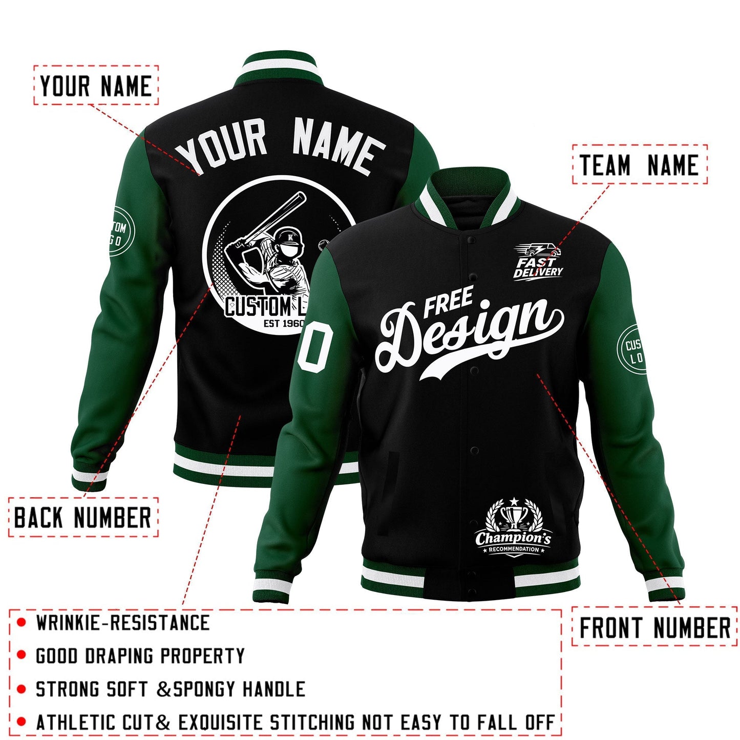 Custom Black Green White Jacket Classic Style Full-Snap Club & Spirit Wear Breathable