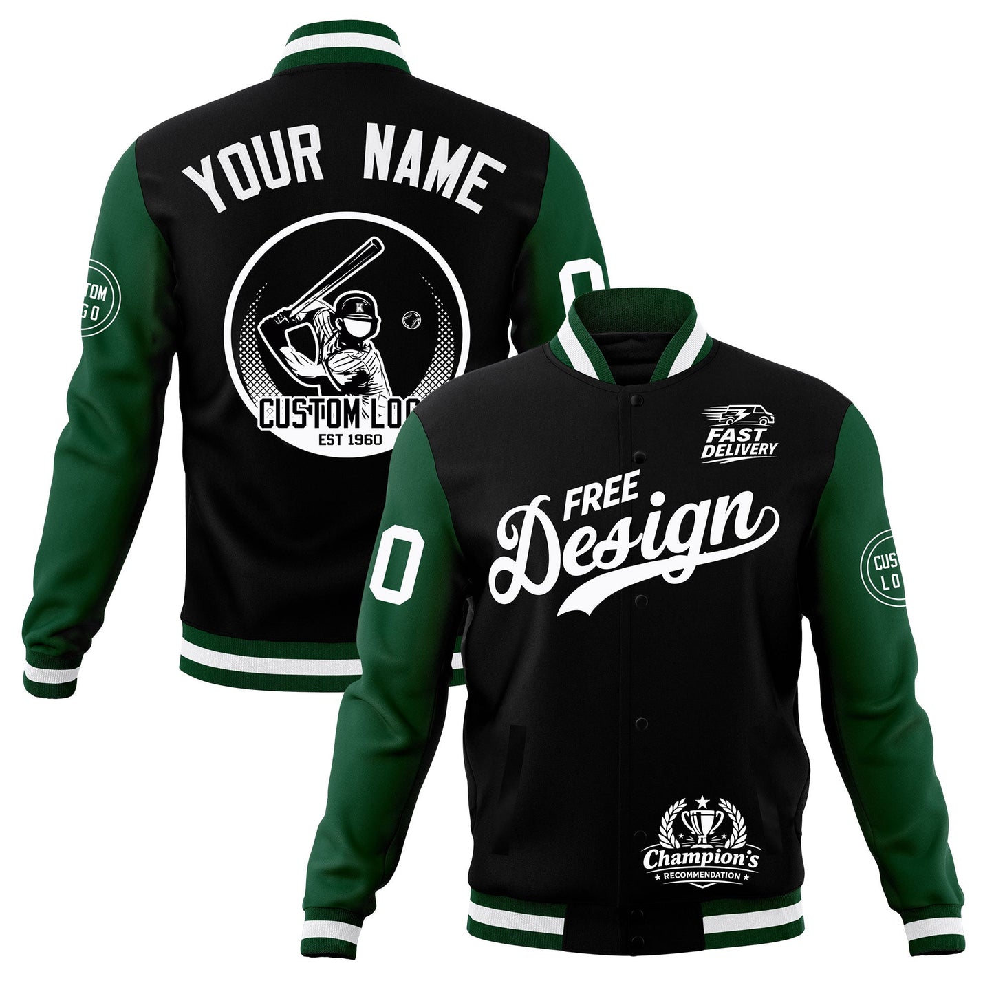 Custom Black Green White Jacket Classic Style Full-Snap Club & Spirit Wear Breathable