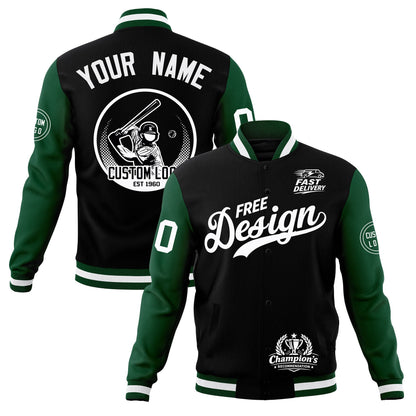 Custom Black Green White Jacket Classic Style Full-Snap Club & Spirit Wear Breathable
