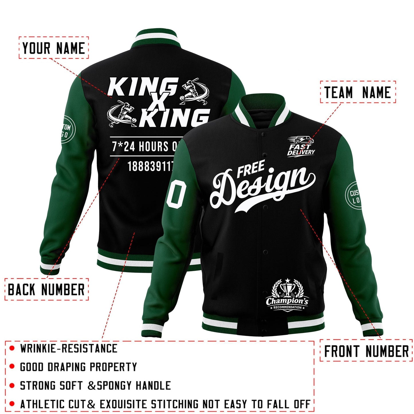 Custom Black Green White Jacket Classic Style Full-Snap Club & Spirit Wear Wrinkle-Resistant