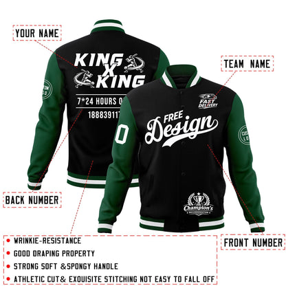 Custom Black Green White Jacket Classic Style Full-Snap Club & Spirit Wear Wrinkle-Resistant