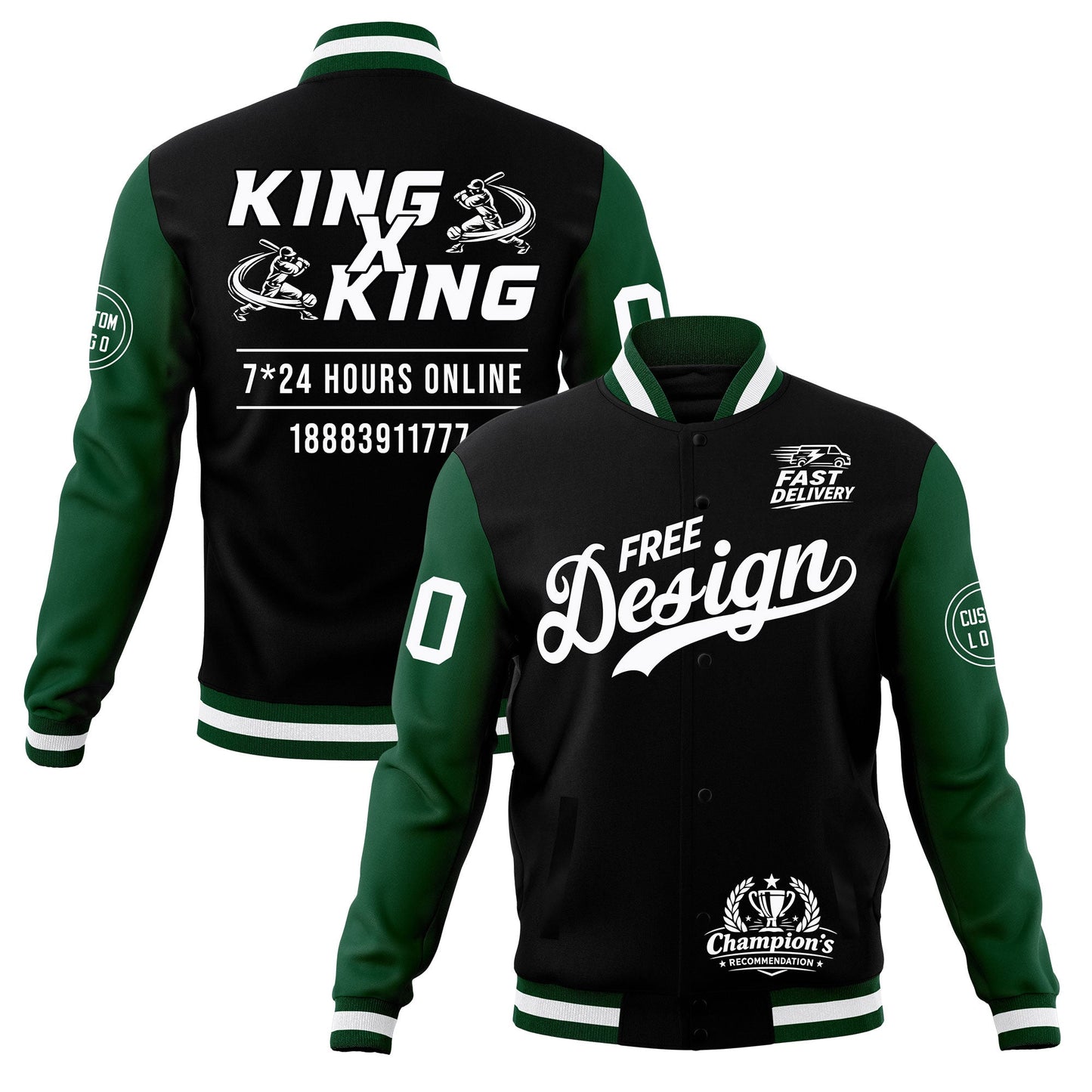 Custom Black Green White Jacket Classic Style Full-Snap Club & Spirit Wear Wrinkle-Resistant