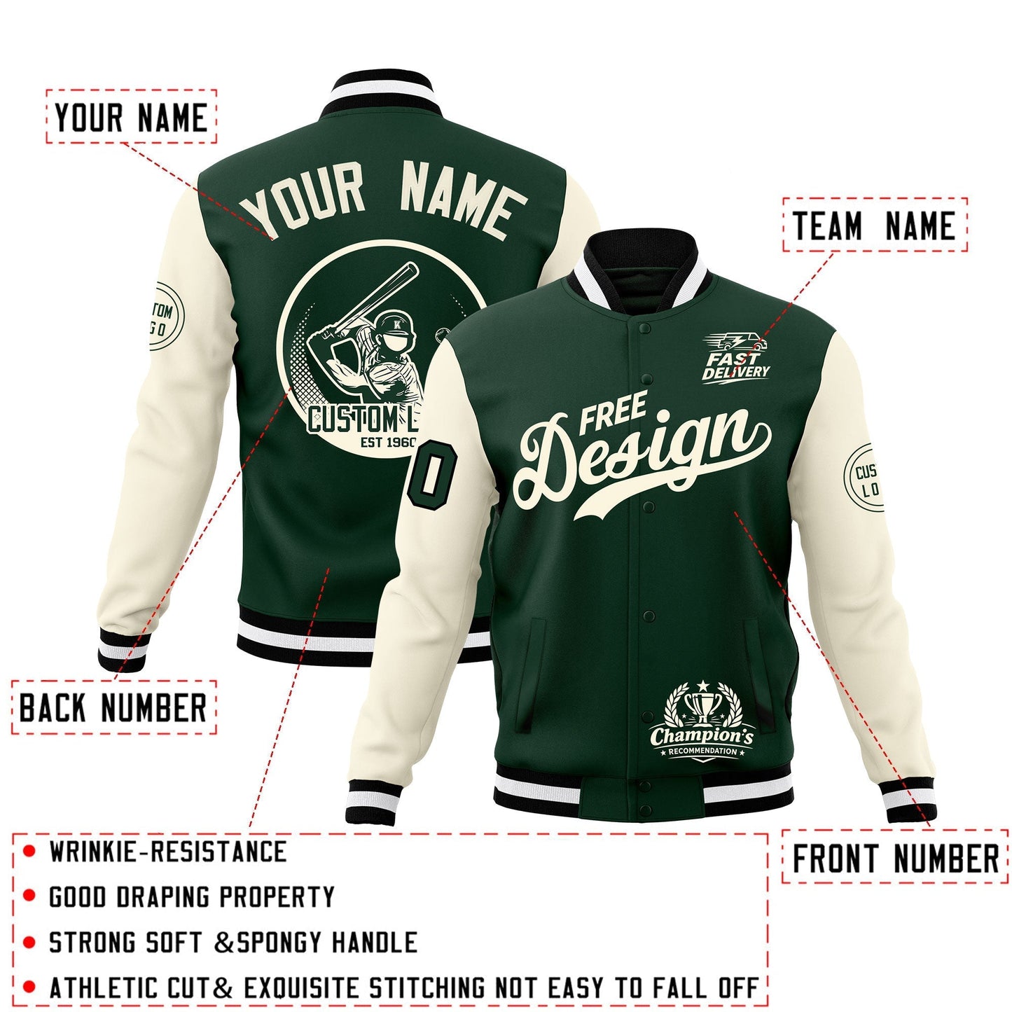 Custom Green Black White Jacket Classic Style Full-Snap Club & Spirit Wear Breathable