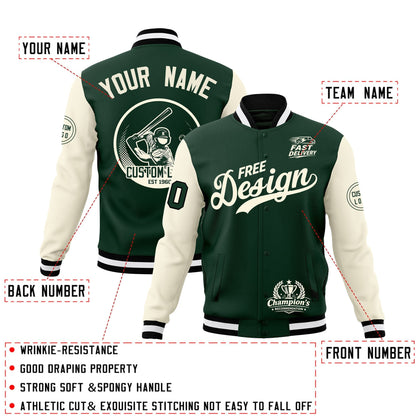 Custom Green Black White Jacket Classic Style Full-Snap Club & Spirit Wear Breathable