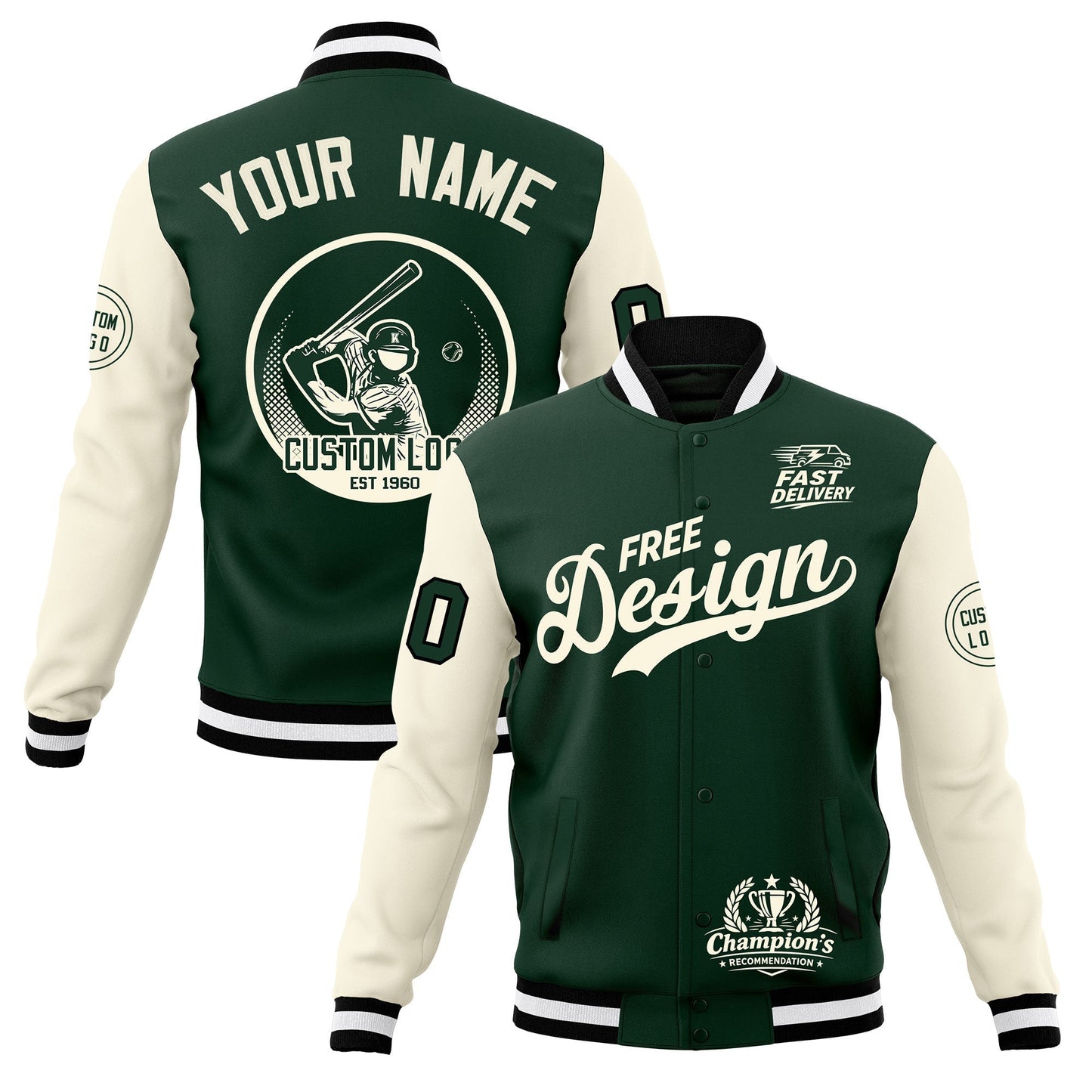 Custom Green Black White Jacket Classic Style Full-Snap Club & Spirit Wear Breathable