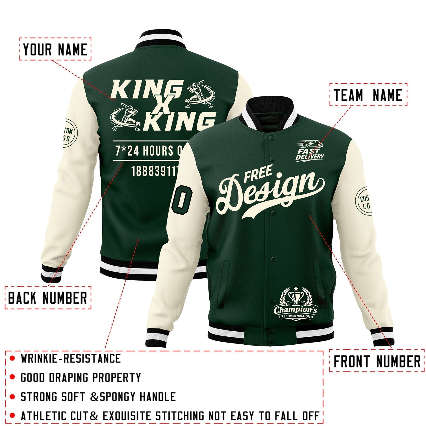 Custom Green Black White Jacket Classic Style Full-Snap Club & Spirit Wear Wrinkle-Resistant