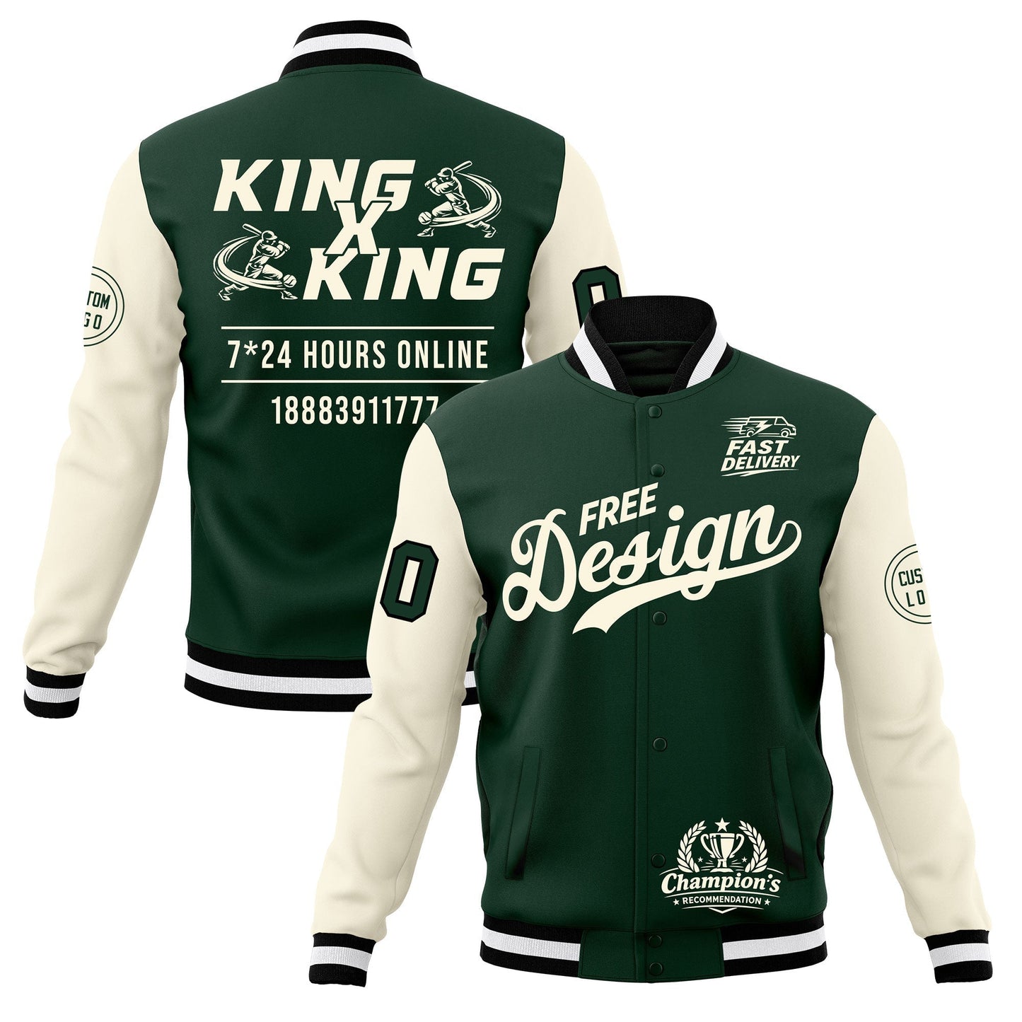 Custom Green Black White Jacket Classic Style Full-Snap Club & Spirit Wear Wrinkle-Resistant