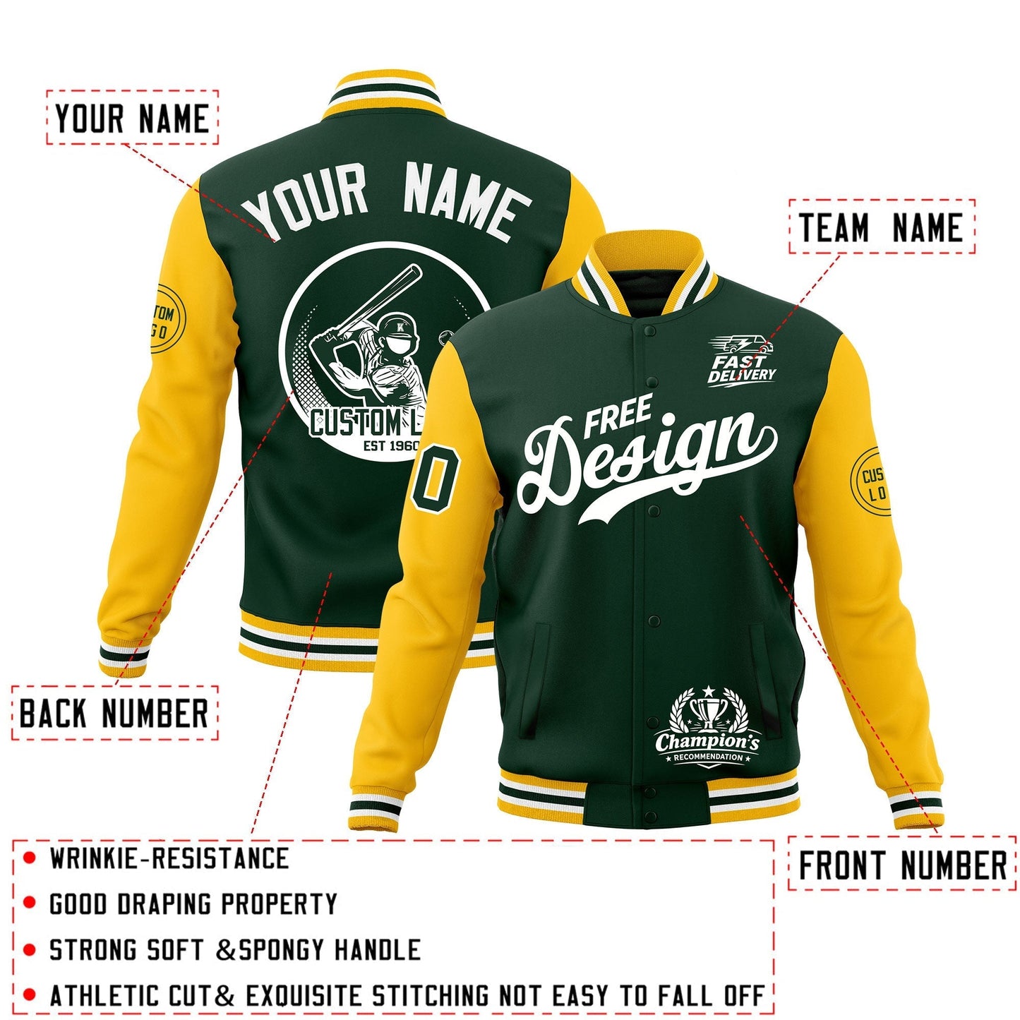 Custom Green Gold White Jacket Classic Style Full-Snap Club & Spirit Wear Breathable