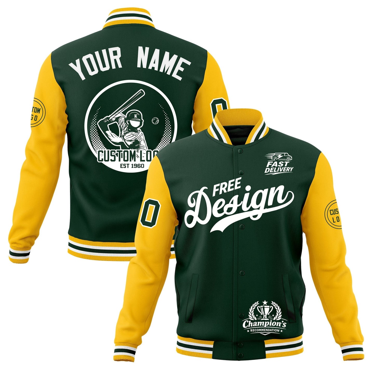 Custom Green Gold White Jacket Classic Style Full-Snap Club & Spirit Wear Breathable