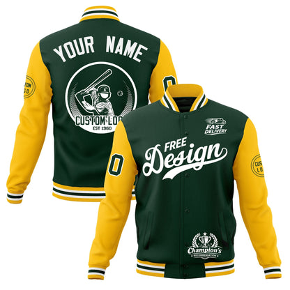 Custom Green Gold White Jacket Classic Style Full-Snap Club & Spirit Wear Breathable