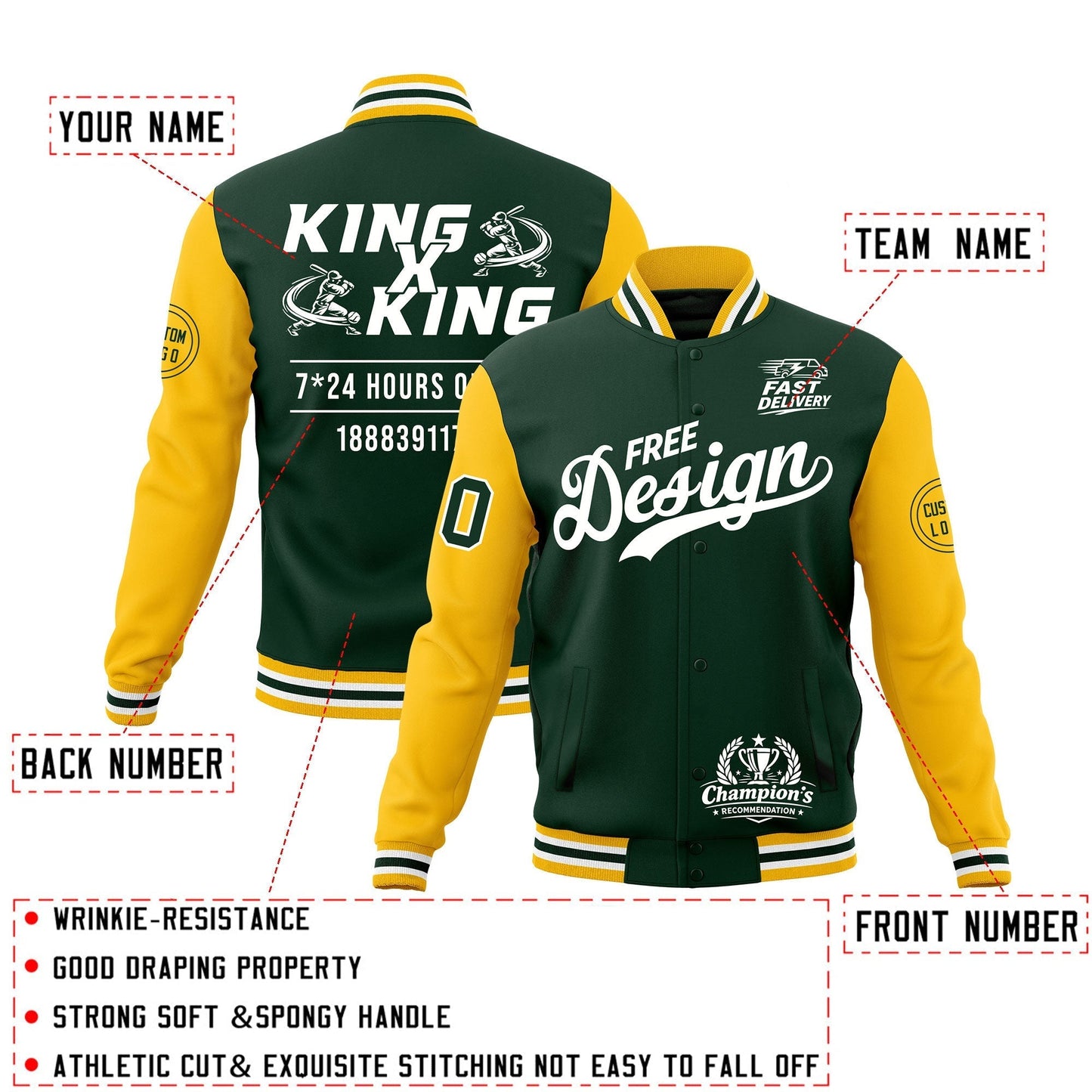 Custom Green Gold White Jacket Classic Style Full-Snap Club & Spirit Wear Wrinkle-Resistant