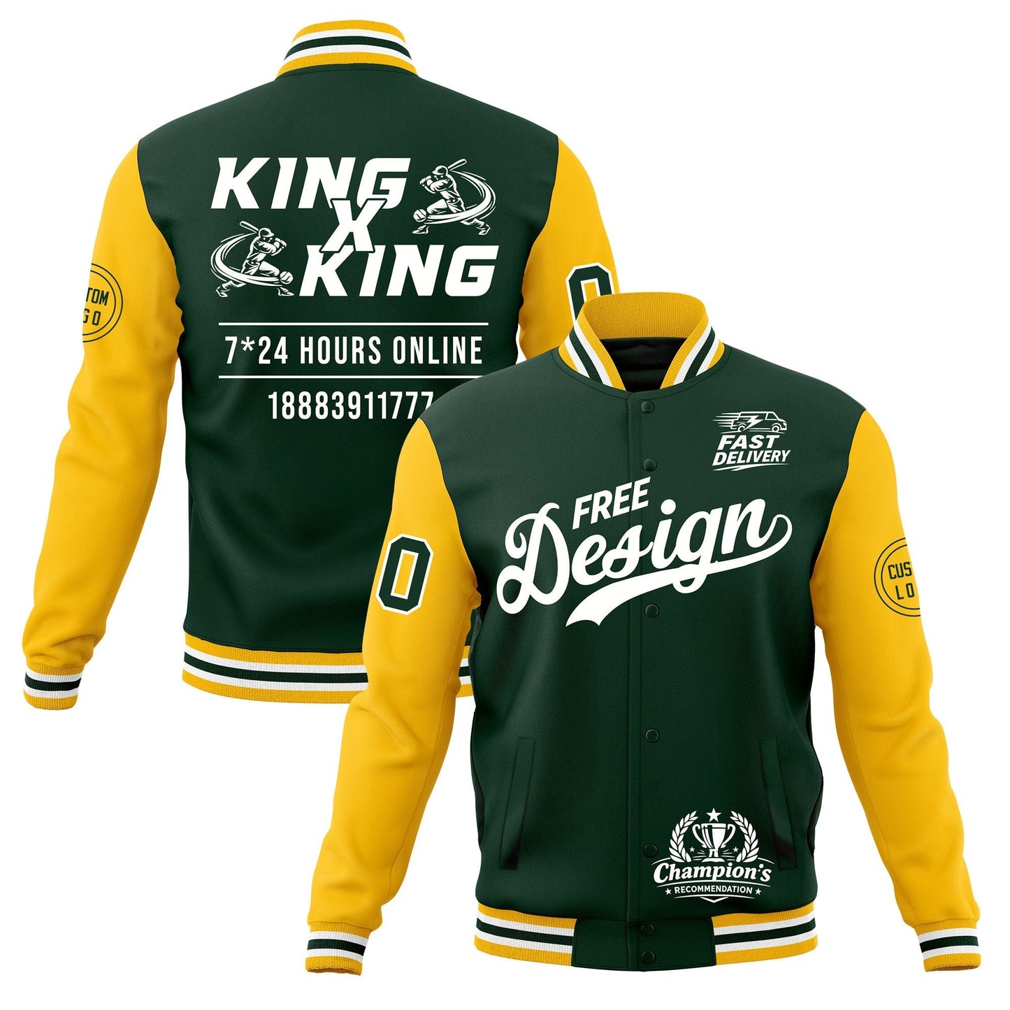 Custom Green Gold White Jacket Classic Style Full-Snap Club & Spirit Wear Wrinkle-Resistant