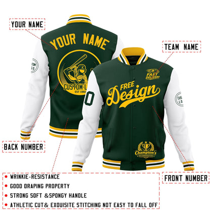 Custom Green Gold White Jacket Classic Style Full-Snap Club & Spirit Wear Breathable