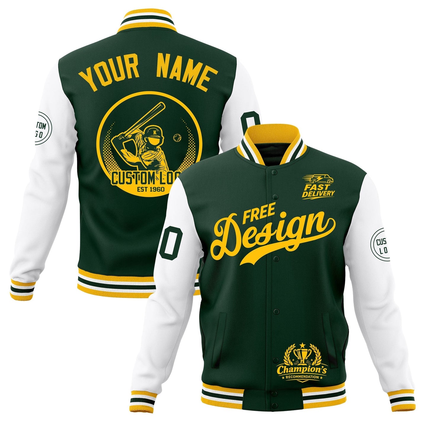 Custom Green Gold White Jacket Classic Style Full-Snap Club & Spirit Wear Breathable