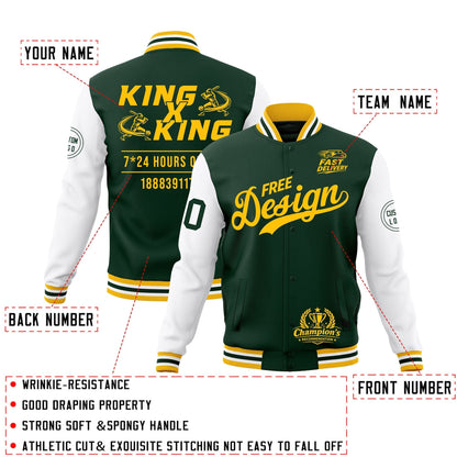 Custom Green Gold White Jacket Classic Style Full-Snap Club & Spirit Wear Wrinkle-Resistant