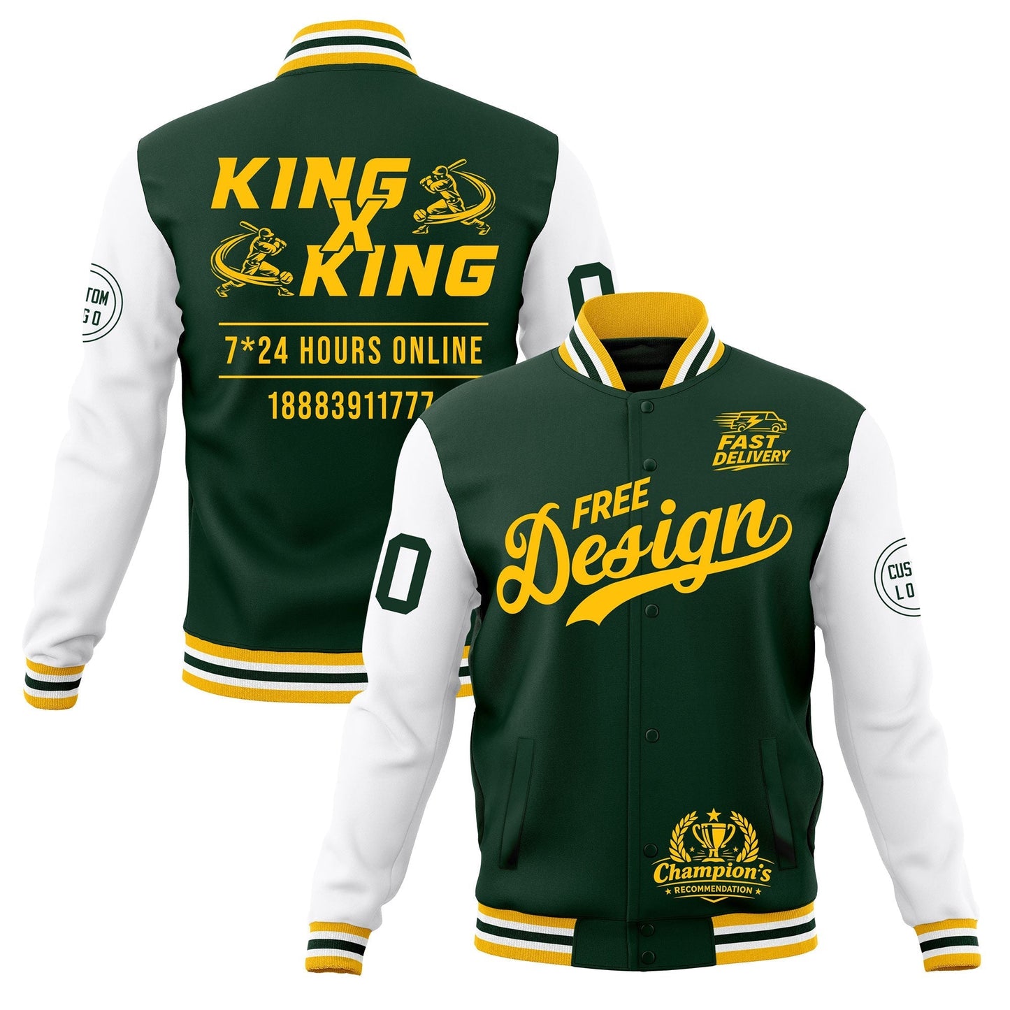 Custom Green Gold White Jacket Classic Style Full-Snap Club & Spirit Wear Wrinkle-Resistant