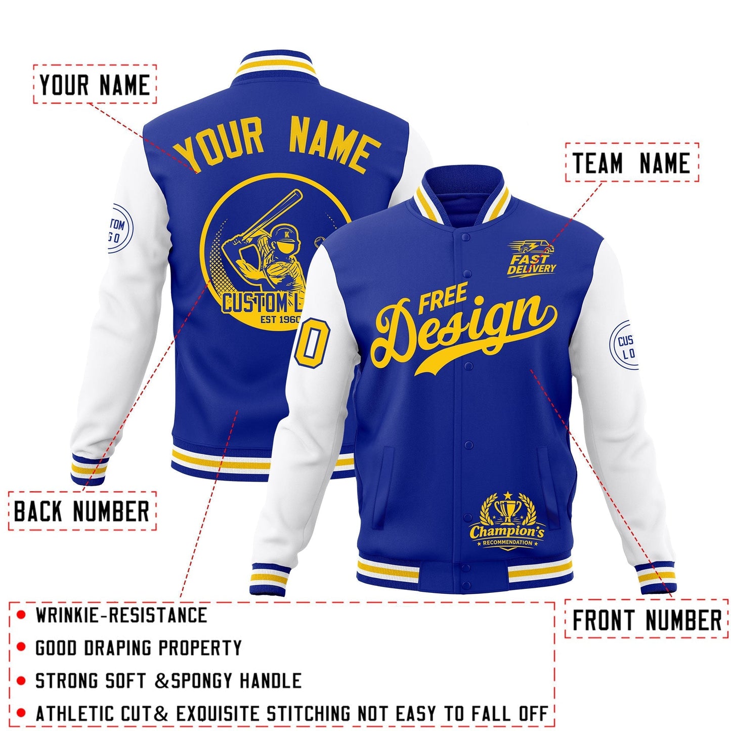 Custom Royal Blue White Gold Jacket Classic Style Full-Snap Club & Spirit Wear Breathable