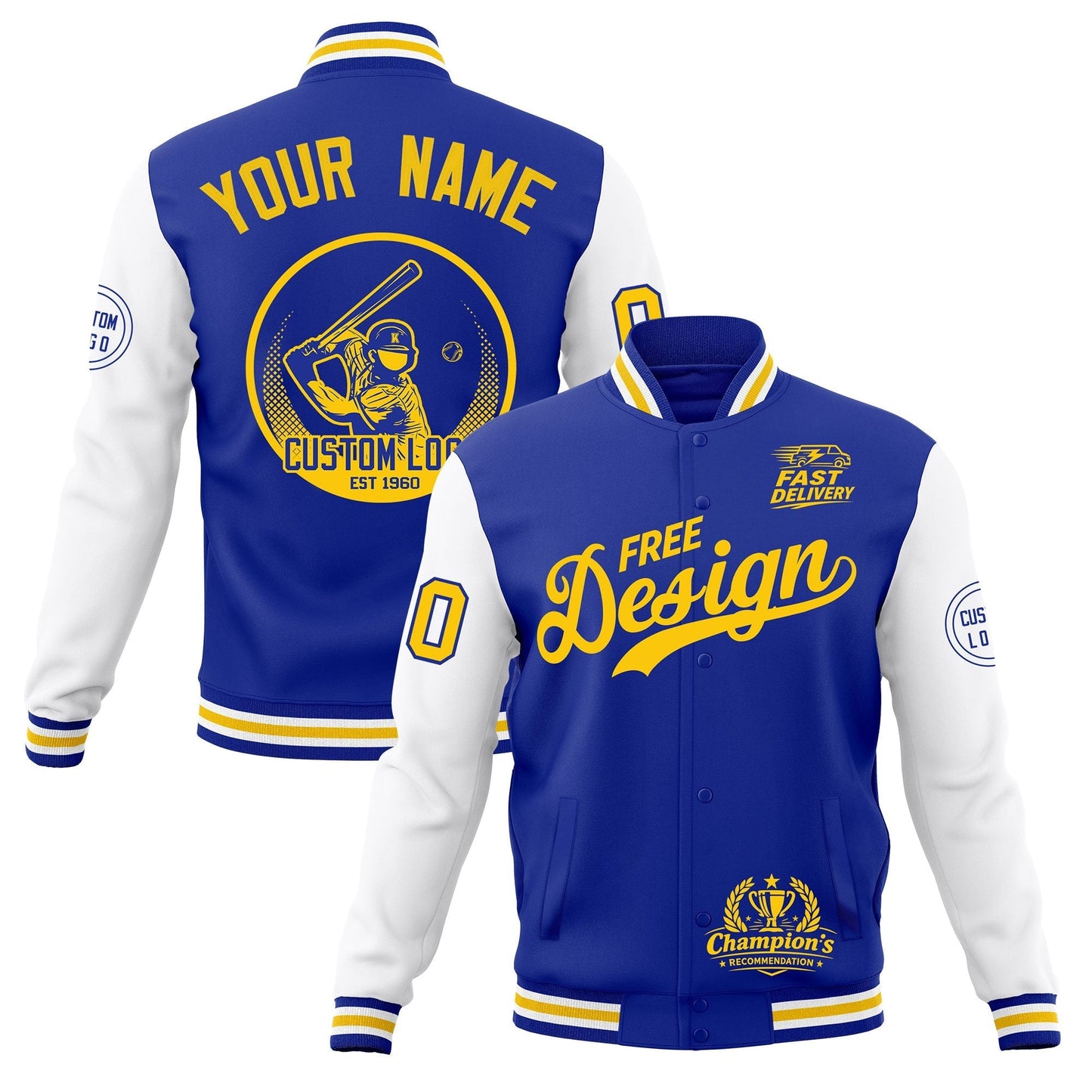 Custom Royal Blue White Gold Jacket Classic Style Full-Snap Club & Spirit Wear Breathable