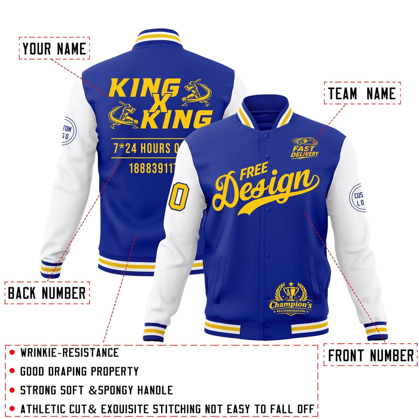 Custom Royal Blue White Gold Jacket Classic Style Full-Snap Club & Spirit Wear Wrinkle-Resistant