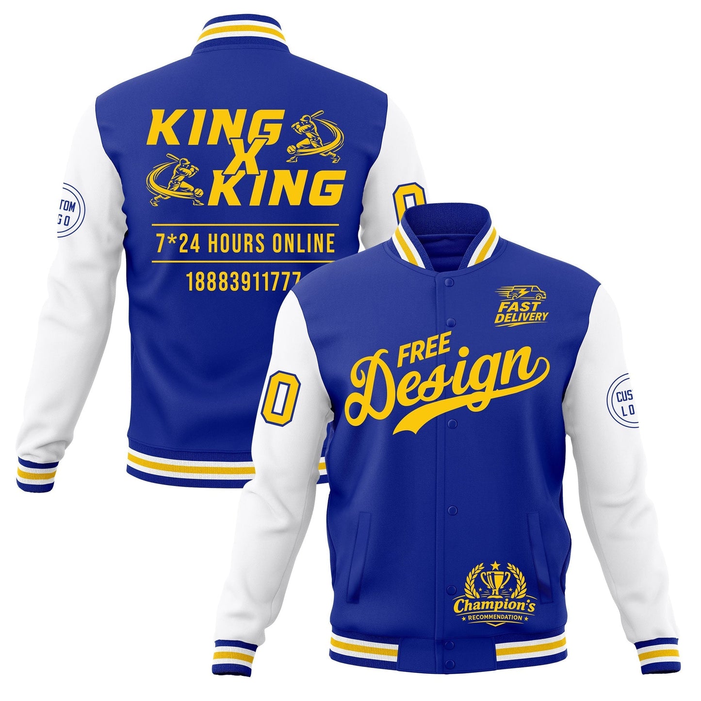 Custom Royal Blue White Gold Jacket Classic Style Full-Snap Club & Spirit Wear Wrinkle-Resistant