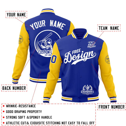 Custom Royal Blue White Gold Jacket Classic Style Full-Snap Club & Spirit Wear Breathable