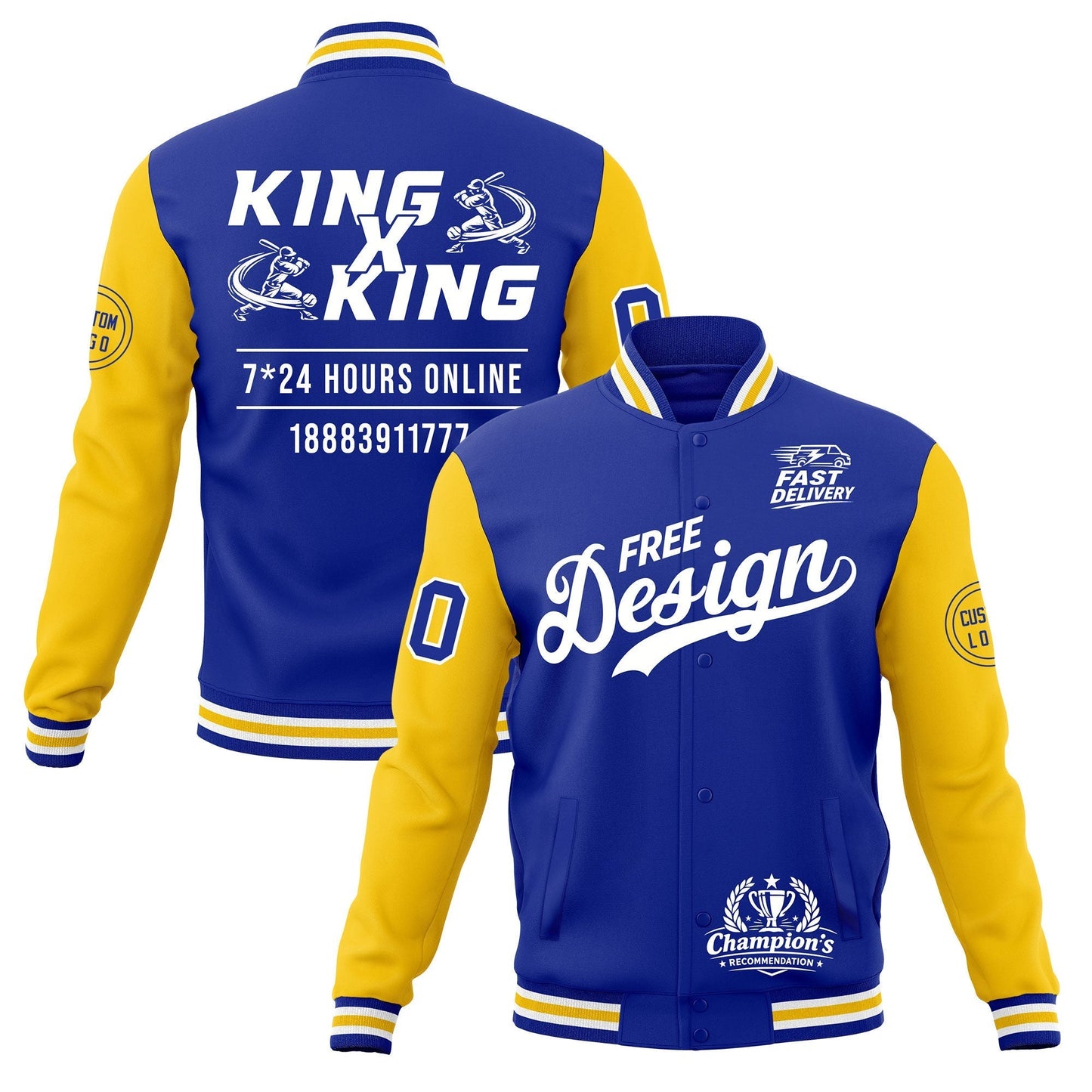 Custom Royal Blue White Gold Jacket Classic Style Full-Snap Club & Spirit Wear Wrinkle-Resistant