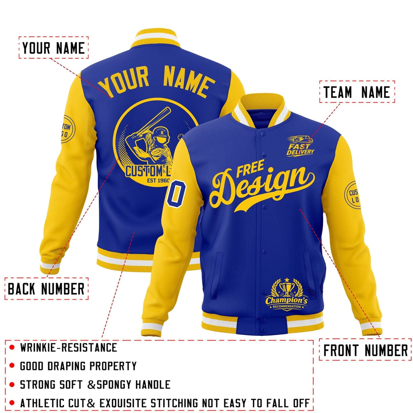 Custom Royal Blue Gold White Jacket Classic Style Full-Snap Club & Spirit Wear Breathable