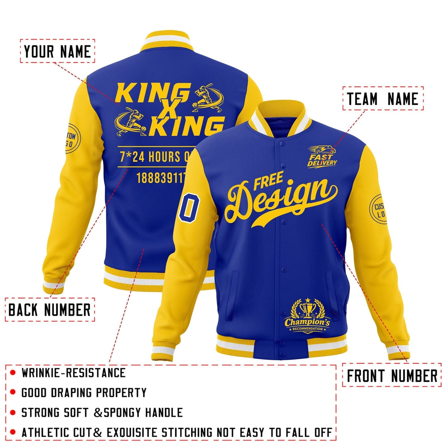Custom Royal Blue Gold White Jacket Classic Style Full-Snap Club & Spirit Wear Wrinkle-Resistant