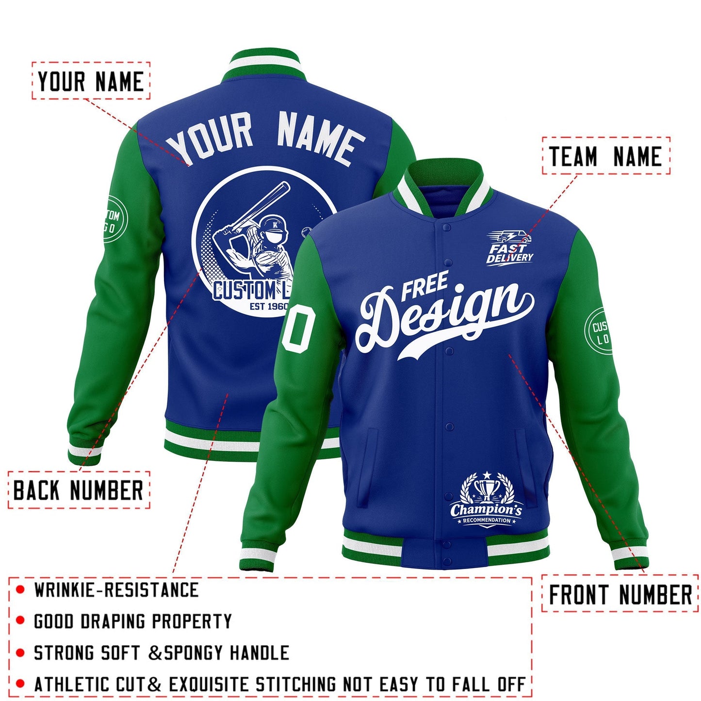 Custom Royal Blue Kelly Green White Jacket Classic Style Full-Snap Club & Spirit Wear Breathable
