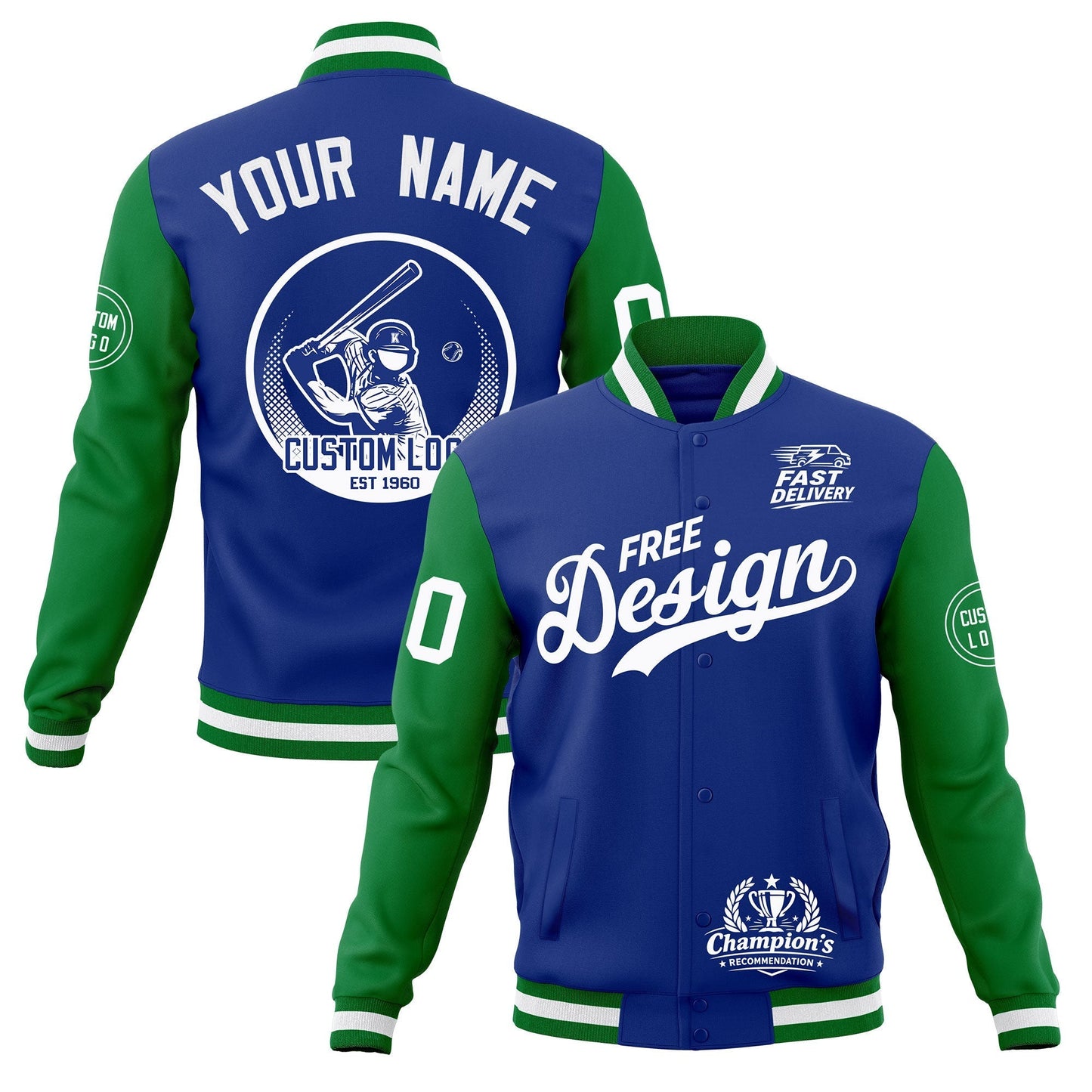 Custom Royal Blue Kelly Green White Jacket Classic Style Full-Snap Club & Spirit Wear Breathable